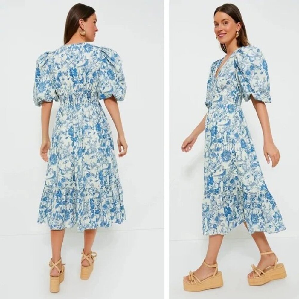Tuckernuck Blue and White Floral Puff-Sleeve Midi Dress with V-Neck - Picture 2 of 16